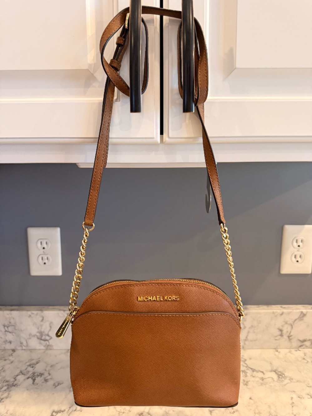 Michael Kors Jet Set Travel Saffiano Leather Dome Crossbody Bag Brown Gold
